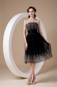 Custom Made Strapless Tea-length Organza Dress for Prom with Embroidery