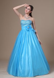 Bowknot Decorate Tulle and A-line Pretty Prom Gowns in Aqua Blue
