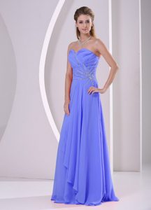 Discount Blue Beaded and Ruched Chiffon Prom Attire with Sweetheart