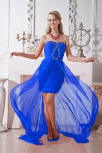 Chiffon High-low Prom Attire with Beads and Ruches in Royal Blue for Summer