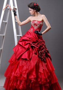 Red Strapless Appliqued Dress for Prom Court with Handle Flowers and Ruffles