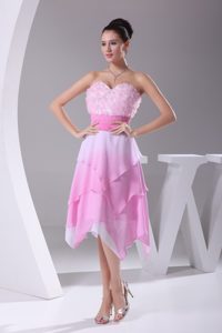 Rose Pink Sweetheart Dress for Prom Court with Appliques and Layers on Sale