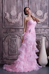 2014 Rose Pink Ruching Junior Prom in Organza with Beads and Ruffled Layers
