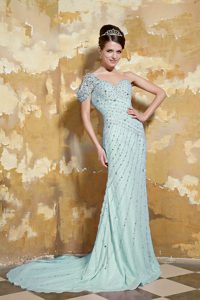 Sweetheart Chiffon Prom Grad Dress with Beads and One Shoulder in Baby Blue