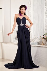 Sweetheart Chiffon Prom Graduation Dress in Navy Blue with Ruches and Beads