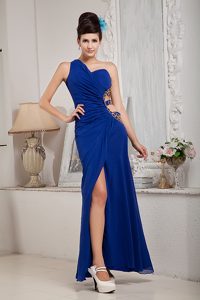 One Shoulder Ankle-length Prom Court Dress in Royal Blue with Slit and Cutout