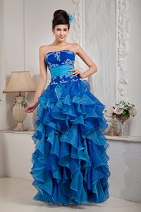 Brand New Strapless Organza Junior Prom with Appliques and Ruffles in Blue