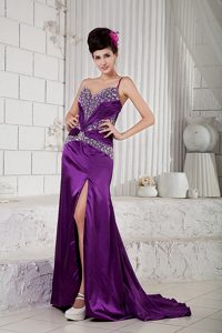 Eggplant Purple Beaded Prom Celebrity Dress with One Shoulder and High Slit