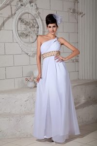 White One Shoulder Prom Court Dresses with Beadings and Ruches