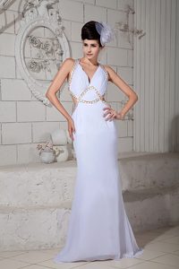 Custom Made Chiffon Beaded Junior Prom with Criss Cross on Back in White