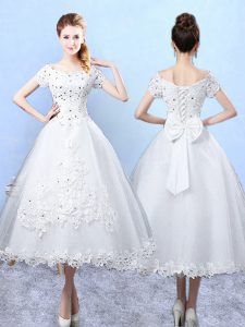 Admirable Ankle Length A-line Short Sleeves White Bridesmaid Dress Lace Up