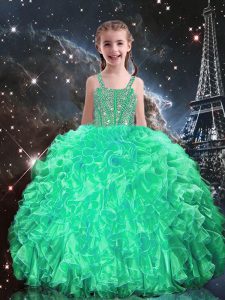 Sleeveless Organza Floor Length Lace Up Kids Pageant Dress in Apple Green with Beading and Ruffles