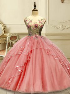 Scoop Sleeveless 15 Quinceanera Dress Floor Length Appliques Watermelon Red Tulle