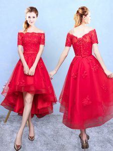 Sexy Wine Red Organza Lace Up Off The Shoulder Half Sleeves High Low Quinceanera Dama Dress Appliques