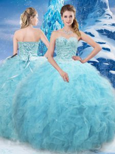 Admirable Aqua Blue Sleeveless Floor Length Beading and Pick Ups Lace Up Vestidos de Quinceanera