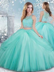 Sexy Aqua Blue Clasp Handle Scoop Beading and Lace Quinceanera Dress Tulle Sleeveless