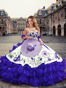 Sleeveless Floor Length Embroidery and Ruffled Layers Lace Up 15 Quinceanera Dress with Purple