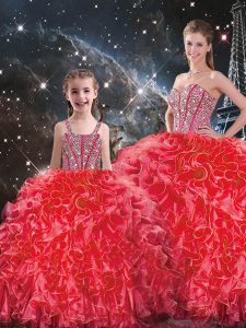 Inexpensive Sweetheart Sleeveless Quince Ball Gowns Floor Length Beading and Ruffles Coral Red Organza