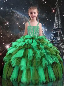 Popular Sleeveless Floor Length Beading and Ruffles Lace Up Kids Formal Wear with Apple Green