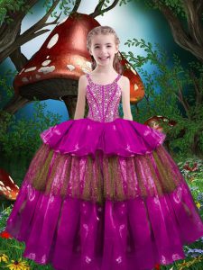 Fuchsia Lace Up Pageant Dress for Teens Beading and Ruffled Layers Sleeveless Floor Length