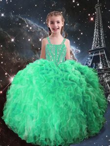 Apple Green Organza Lace Up Little Girls Pageant Gowns Sleeveless Floor Length Beading and Ruffles