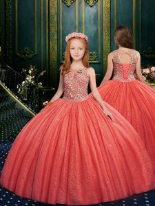 Watermelon Red Scoop Lace Up Appliques Little Girls Pageant Dress Sleeveless