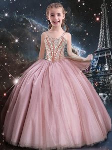 Baby Pink Sleeveless Floor Length Beading Lace Up Pageant Dresses