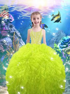 Best Ball Gowns Straps Sleeveless Organza Floor Length Lace Up Beading and Ruffles Girls Pageant Dresses