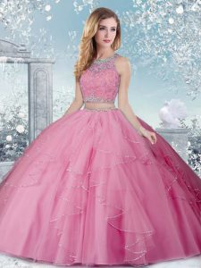 Exquisite Floor Length Rose Pink Quinceanera Gowns Scoop Sleeveless Clasp Handle