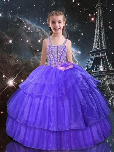 Eggplant Purple Organza Lace Up Straps Sleeveless Floor Length Pageant Dress Beading and Ruffled Layers