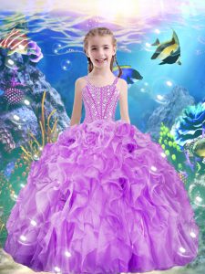Floor Length Ball Gowns Sleeveless Lilac Girls Pageant Dresses Lace Up