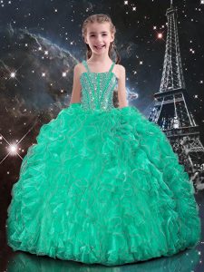 Organza Straps Sleeveless Lace Up Beading and Ruffles Pageant Dress for Teens in Turquoise