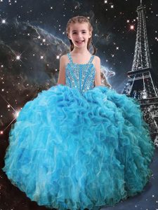 Ball Gowns Little Girl Pageant Dress Aqua Blue Straps Organza Sleeveless Floor Length Lace Up