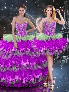Multi-color Organza Lace Up Sweetheart Sleeveless Floor Length Sweet 16 Quinceanera Dress Beading and Ruffles and Ruffle