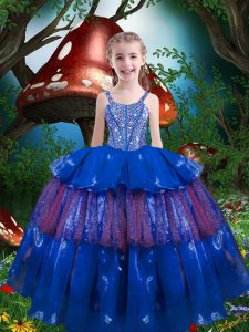 Excellent Blue Lace Up Little Girls Pageant Dress Beading and Ruffled Layers Sleeveless Floor Length