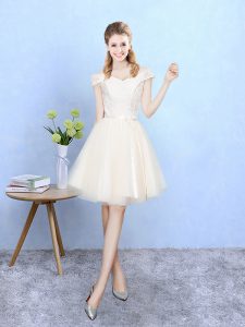 Champagne Bridesmaid Gown For with Lace Off The Shoulder Cap Sleeves Lace Up