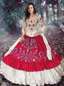 Discount Off The Shoulder Sleeveless Sweet 16 Dress Floor Length Embroidery and Ruffled Layers Red Taffeta