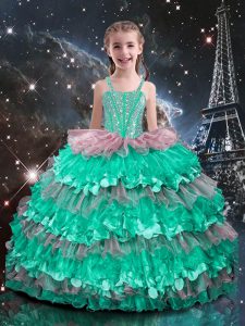 Floor Length Turquoise Girls Pageant Dresses Straps Sleeveless Lace Up