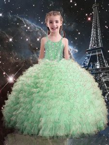Sleeveless Organza Floor Length Lace Up Pageant Gowns in Apple Green with Beading and Ruffles