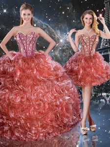 Organza Sweetheart Sleeveless Lace Up Beading and Ruffles Quinceanera Dresses in Rust Red