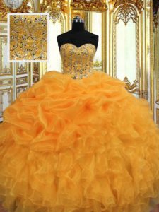 Orange Sweetheart Neckline Beading and Ruffles Quince Ball Gowns Sleeveless Lace Up