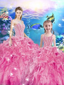 Eye-catching Ball Gowns Ball Gown Prom Dress Rose Pink Sweetheart Organza Sleeveless Floor Length Lace Up