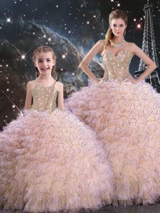 Unique Peach Lace Up Sweet 16 Dresses Beading and Ruffles Sleeveless Floor Length
