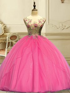 Sophisticated Rose Pink Sweet 16 Dresses Military Ball and Sweet 16 and Quinceanera with Appliques Scoop Sleeveless Lace