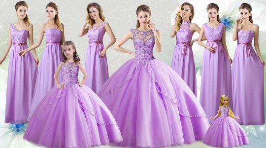Noble Lilac Lace Up Scoop Beading Vestidos de Quinceanera Tulle Sleeveless