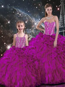 Nice Floor Length Fuchsia Ball Gown Prom Dress Organza Sleeveless Beading and Ruffles