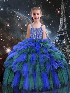 Best Blue Ball Gowns Tulle Straps Sleeveless Beading and Ruffles Floor Length Lace Up Kids Pageant Dress