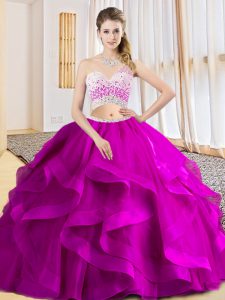 Sleeveless Floor Length Beading and Ruffles Criss Cross Ball Gown Prom Dress with Fuchsia