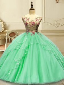 Attractive Floor Length Green Quinceanera Gowns Scoop Sleeveless Lace Up