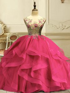 Customized Hot Pink Lace Up Scoop Appliques and Ruffles Ball Gown Prom Dress Organza Sleeveless